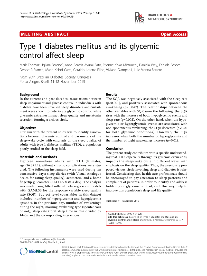(PDF) Type 1 diabetes mellitus and its glycemic control affect sleep