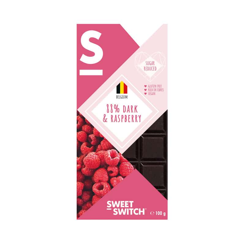 Sweet Switch Dark Chocolate 88%, with Raspberry Low Sugar 100g